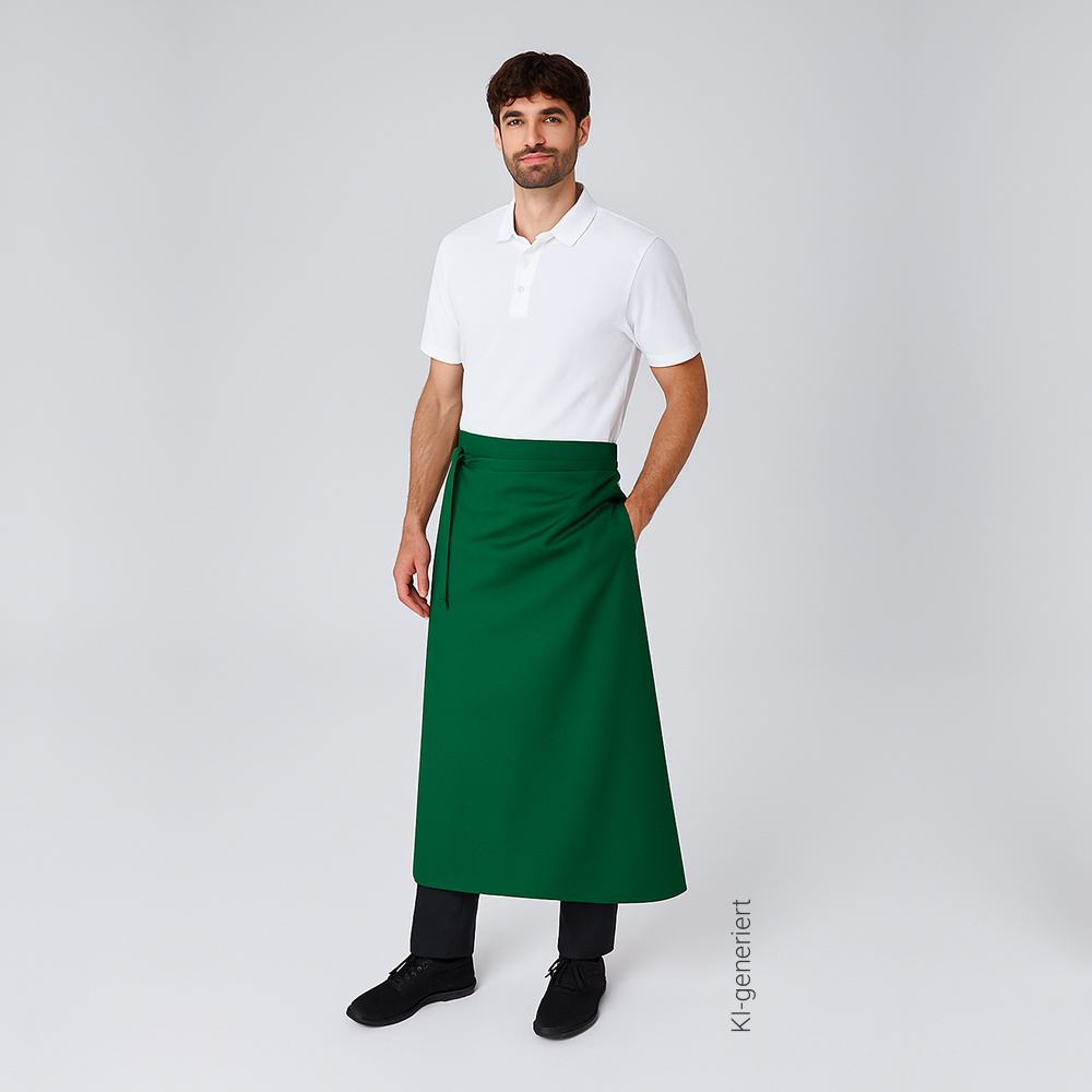 Bistroschürze mit Durchgriff und durchgehenden Stoffbändern.